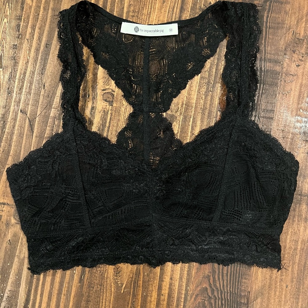 Women’s Black Lace T-Back Bralette, Size Medium